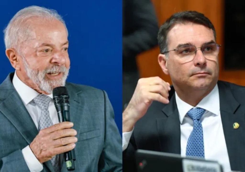 Lula e Flávio Bolsonaro em debate ou campanha eleitoral com gráfico de pesquisa ao fundo