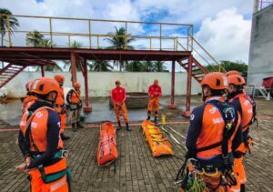 Bombeiros em treinamento de salvamento de alto risco