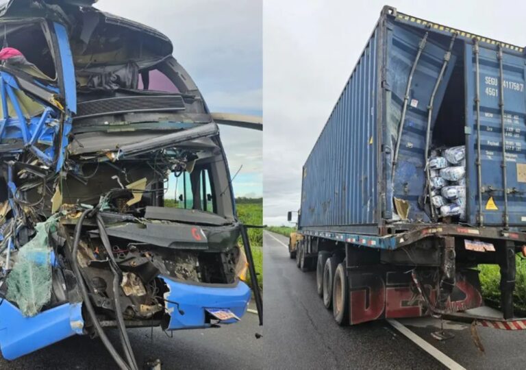 Ônibus e caminhão após colisão na CE-040